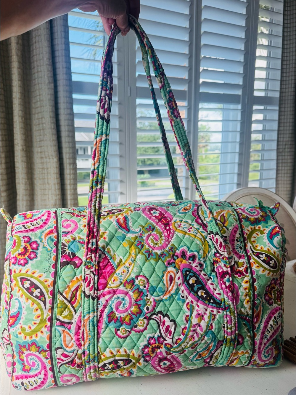 Vera Bradley Quilted Paisley Duffel in Mint, Pink & Yellow Accents